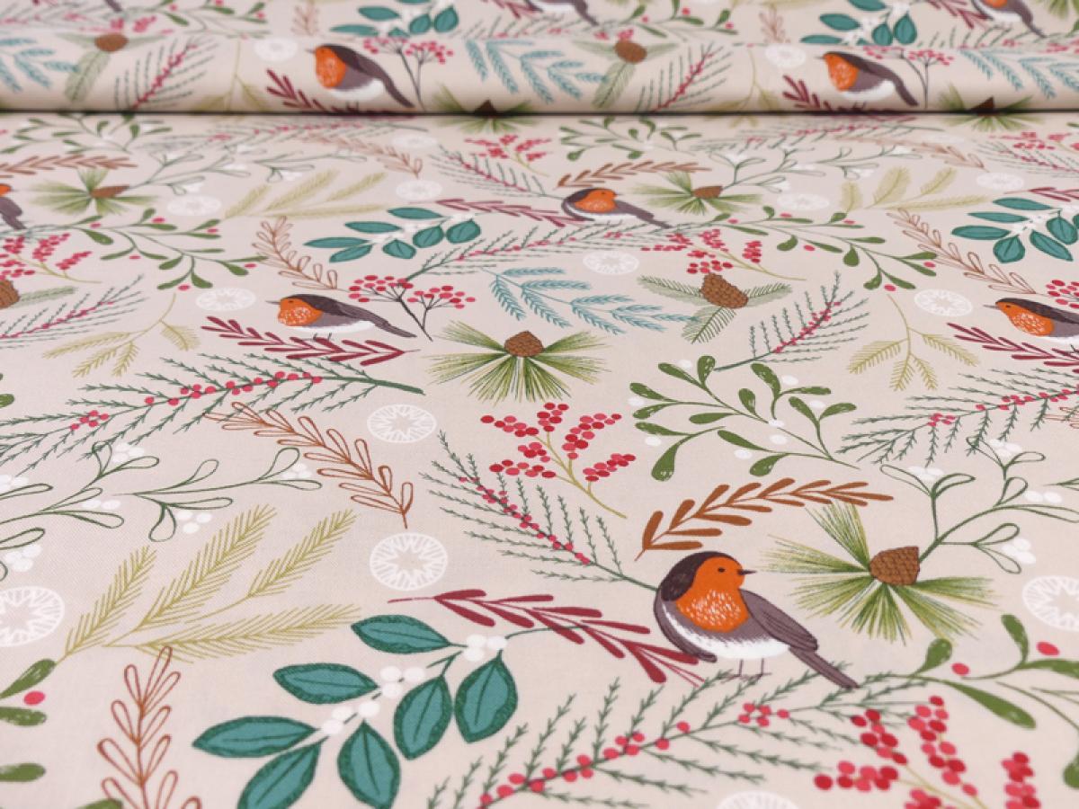 Patchworkstoff New Forest Rotkehlchen beige  Ausschnitt